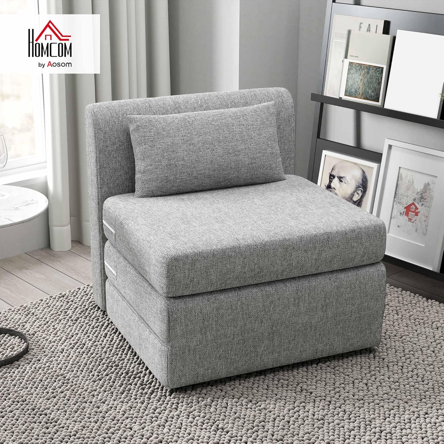 HOMCOM 2 in 1 Schlafsessel klappbar Schlafsofa mit Bettfunktion Leinenoptik, Gepolstert Gästebett Klappsessel Klappmatratze Bodensessel für Wohnzimmer Schlafzimmer 80x75x74cm Grau