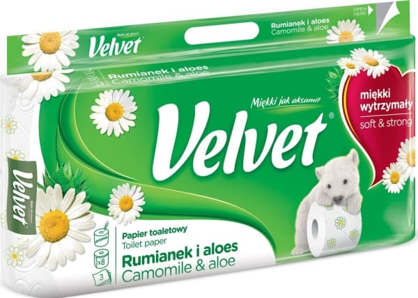 Velvet Cellulose toalettpapir FLØYL Kamille og Aloe, 3-lags, 8 stk., hvit