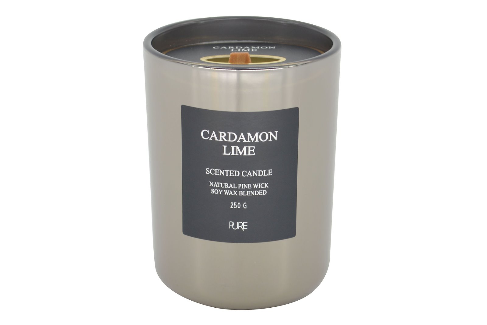 Cardamon Lime duftlys Shiny med hvit boks Ø:8 H:10,5 cm, med veke i tre.