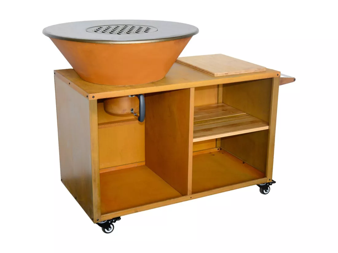 Braséro de cuisson Ø80cm - Stromboli - coloris corten avec grille de cuisson et espace de rangement. L 138 x P 82 x H 114 cm