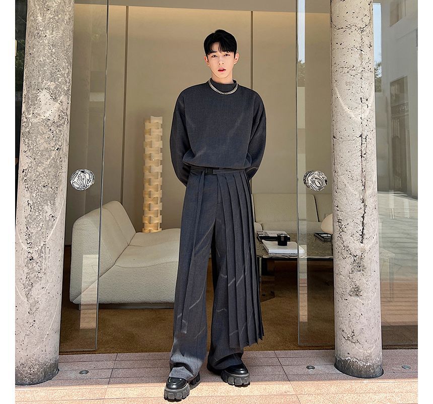 Omozando - Set: Mock Neck Plain Single Breasted Blazer + Mid Rise Wide Leg Pants + Rok
