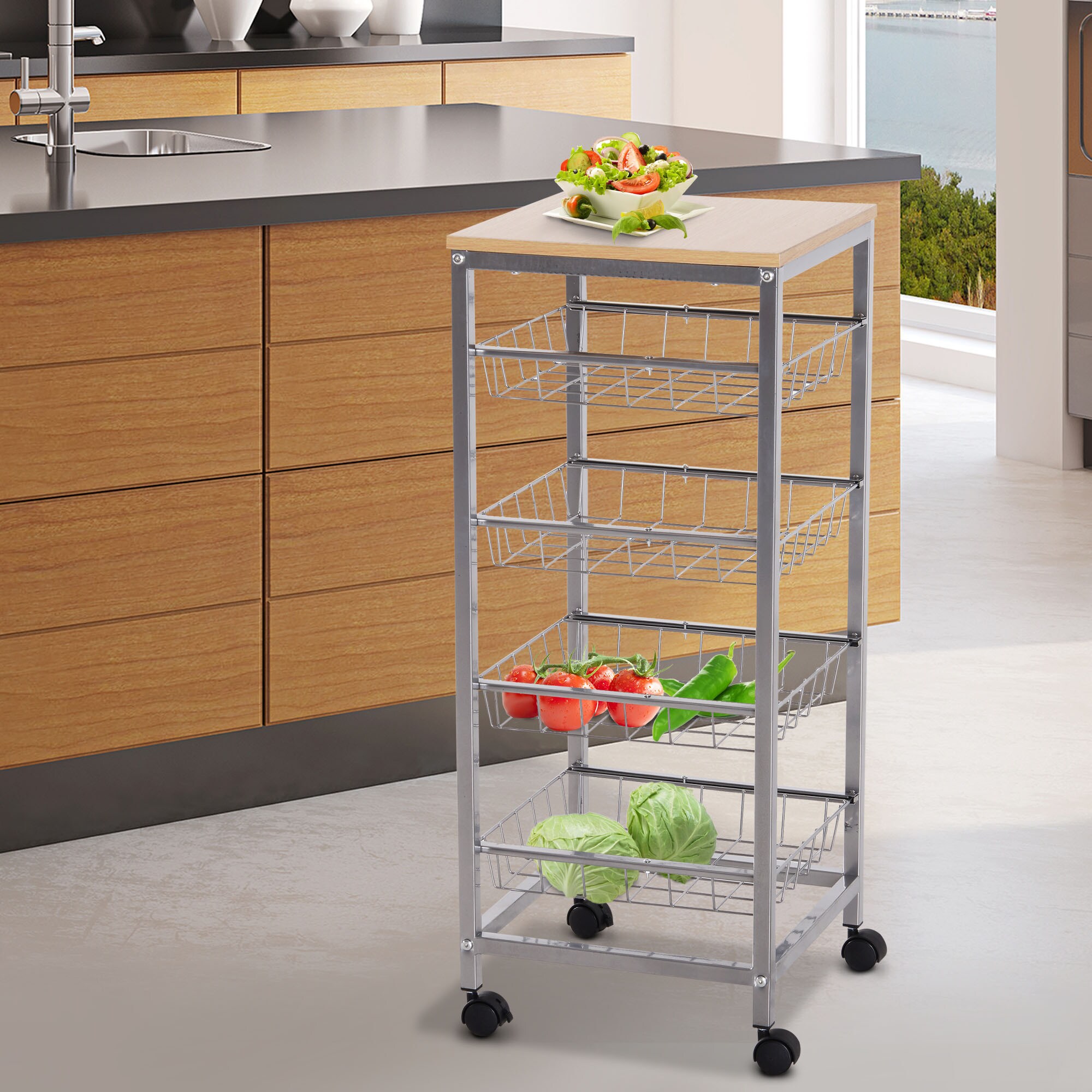HOMCOM Küchenrollwagen silber, natur 36,5 x 36,5 x 89 cm (LxBxH)