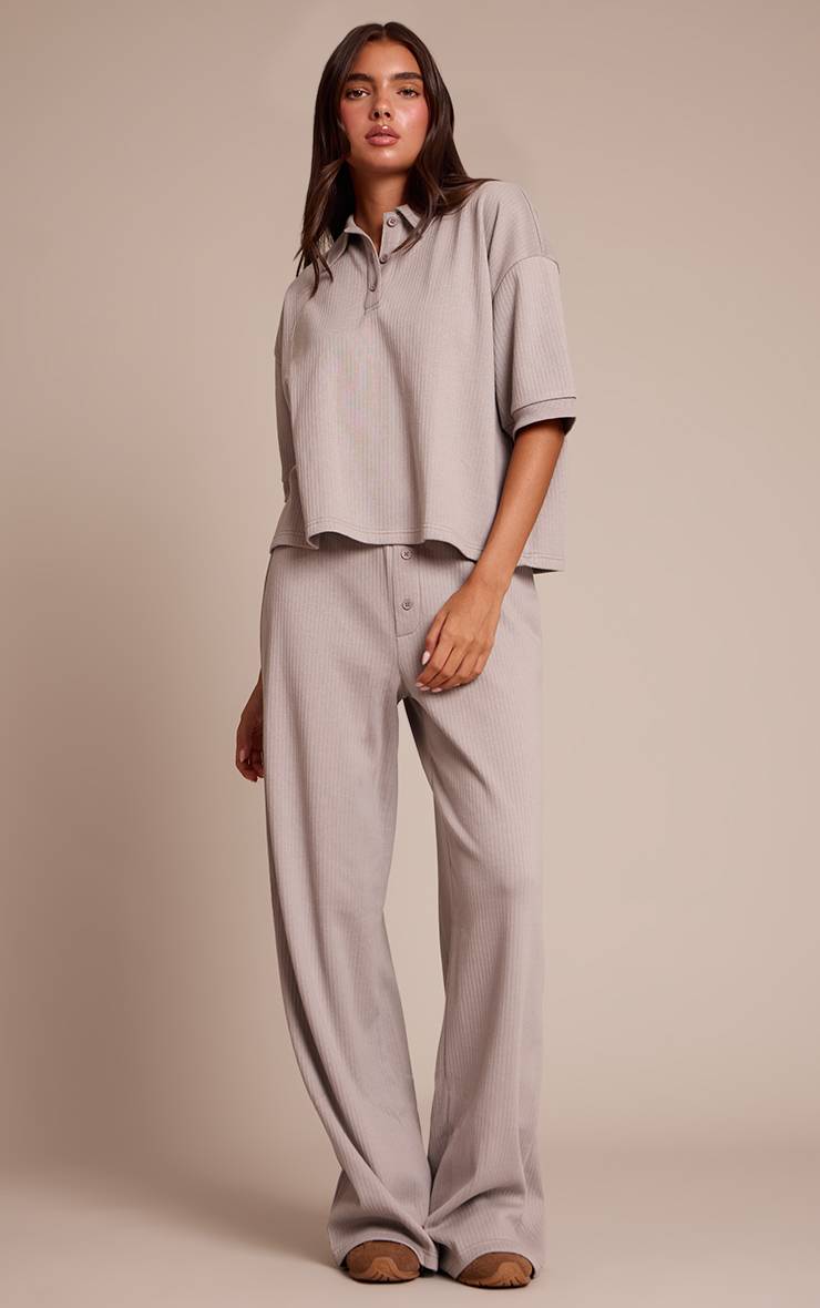 Gris Cendré Ensemble Coordonné T-shirt Côtelé Boutonné