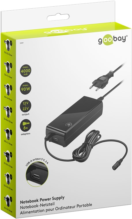 (90W) Universal Ladegerät Netzteil AC/DC 12-22V mit USB A Buchse inkl. 8 Adaptersteckern (55001) - Schwarz