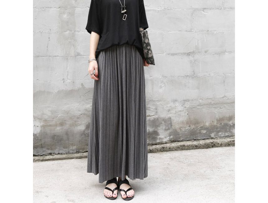 Areumdaun - Effen geplooide maxi-A-lijn rok met elastische taille