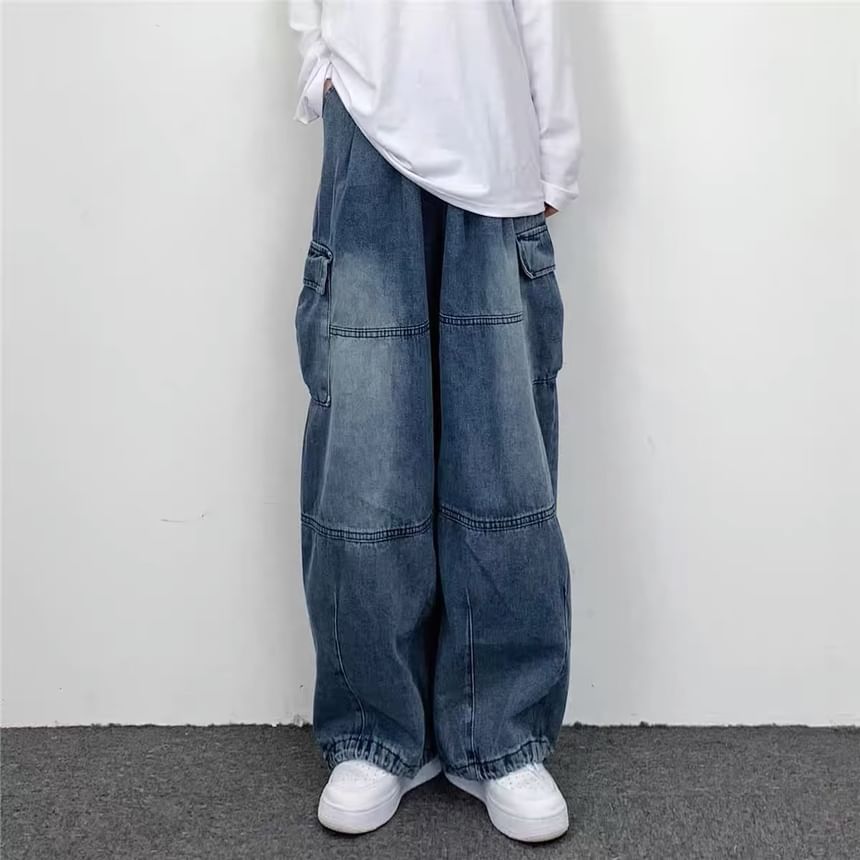 Lingaris - Mid Rise Washed Wide Leg Cargo Jeans