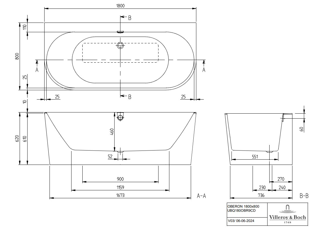 Villeroy & Boch Oberon 2.0 half vrijstaand ligbad 180x80cm wit mat