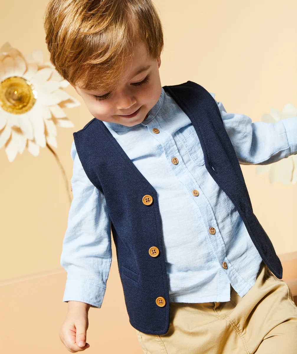 chemise bleu ciel bébé garçon avec col tunisien et poche