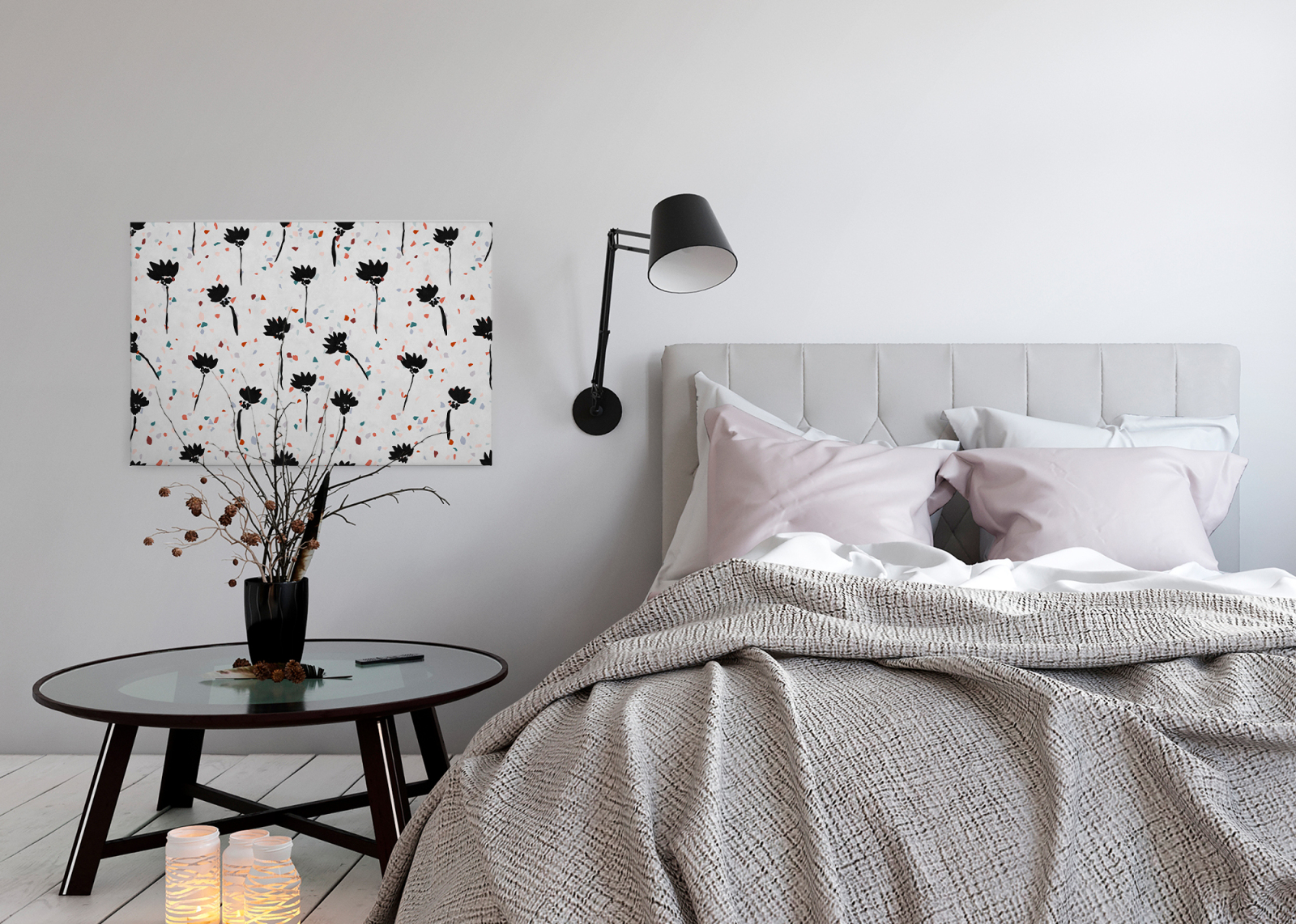 Leinwandbild MOSAIK BLUMEN - grau-schwarz - 90x60 cm
