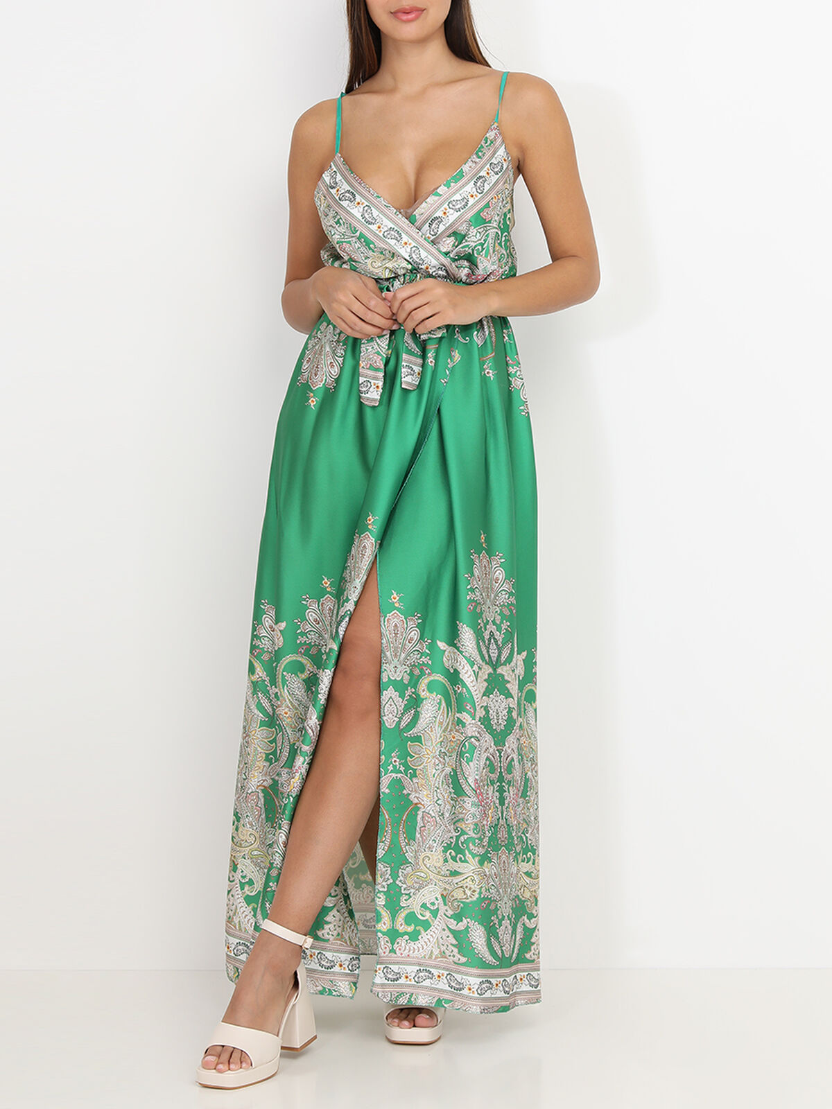 Robe portefeuille fendue à motif cachemire- Vert