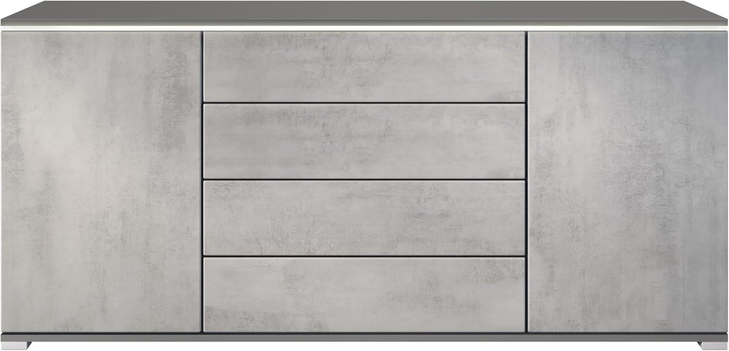 Sideboard Faro V2 - Kommode mit 2 Türen & 4 Schubladen, Schrank mit LED Lichtleiste, Anthrazit matt/Beton Oxid Optik (166,5 x 75,5 x 35)