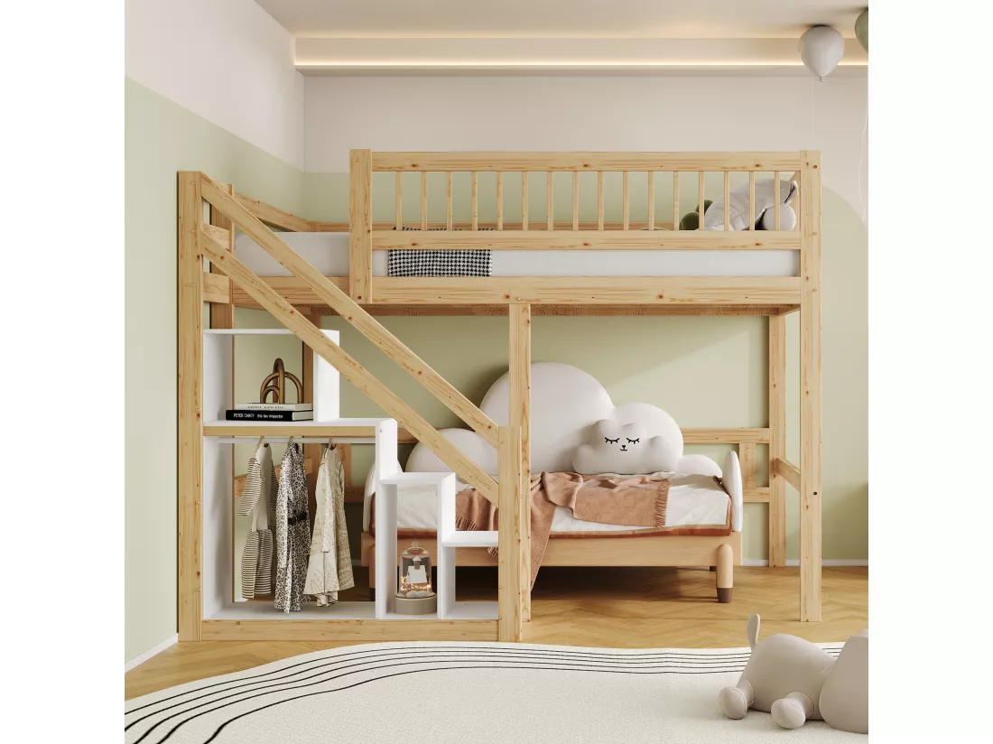 Lit mezzanine 140 x 200 cm avec placard de rangement - Bois massif + MDF - Naturel et blanc (sans matelas)