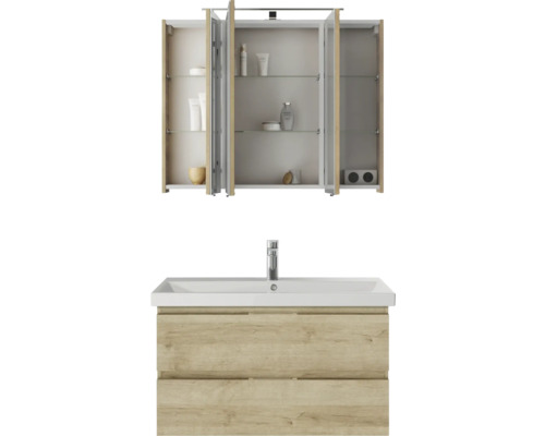 3-delige badkamermeubelset Pelipal serie 4035 BxHxD 90 x 200 x 45 cm, frontkleur eiken riviera, met keramische wastafel in wit en keramische wastafelkast, wastafelmeubel, spiegelkast met LED-verlichting 40350900121470