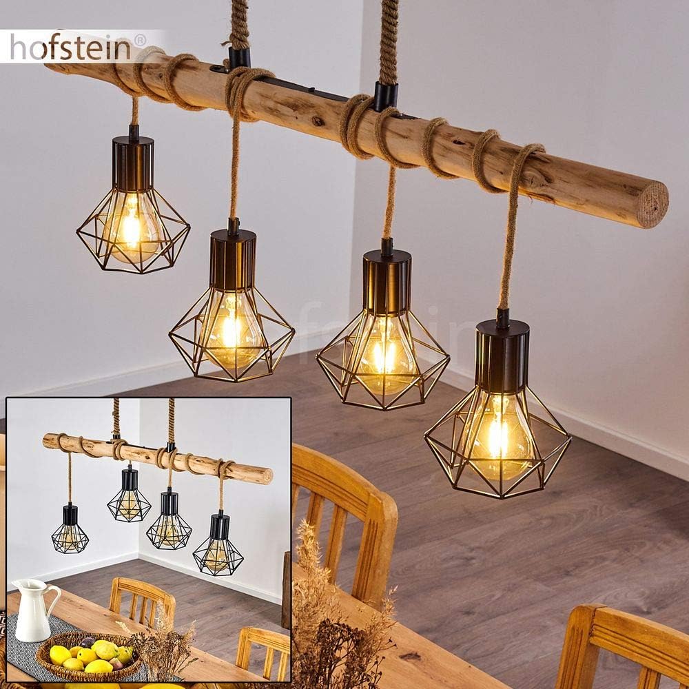 HOFSTEIN Pendelleuchte Bardhaman, Hängelampe aus Metall/Holz/Kordel in Schwarz/Natur, 4-flammig, 4 x E27, Hängeleuchte mit Holzbalken im Retro/Vintage-Design als Esszimmerlampe, Höhe max. 173 cm