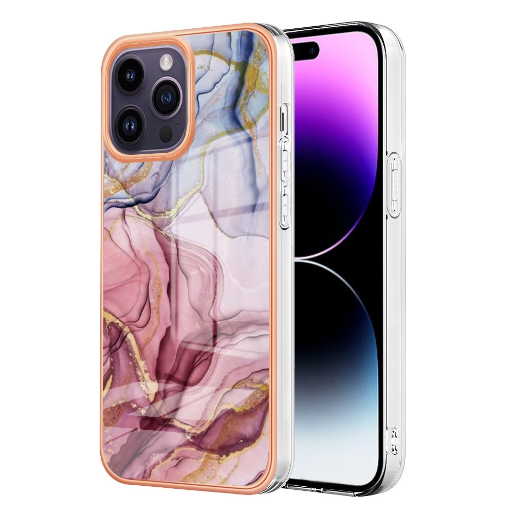 iPhone 14 Pro Max Gummi Case Hülle Galvanisierter Rahmen Marble Marmor Design - Rosa / Blau / Roségold