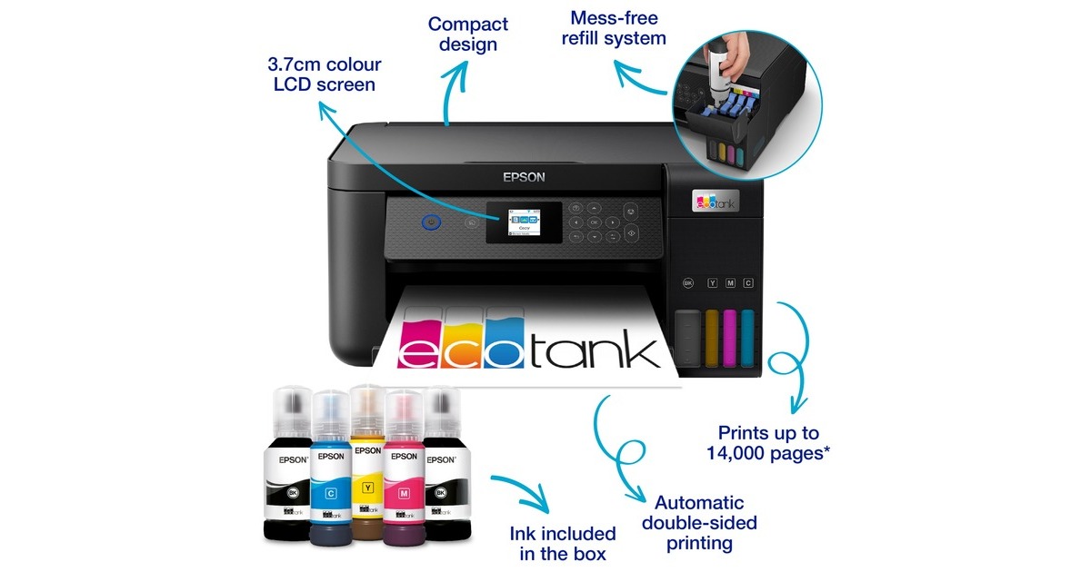 EpsonEcoTank ET-2850 A4 multifunctionele Wi-Fi-printer met inkttank all-in-one inkjetprinter  (Zwart, Scannen, Kopiëren, Wi-Fi, inclusief tot 3 jaar inkt)