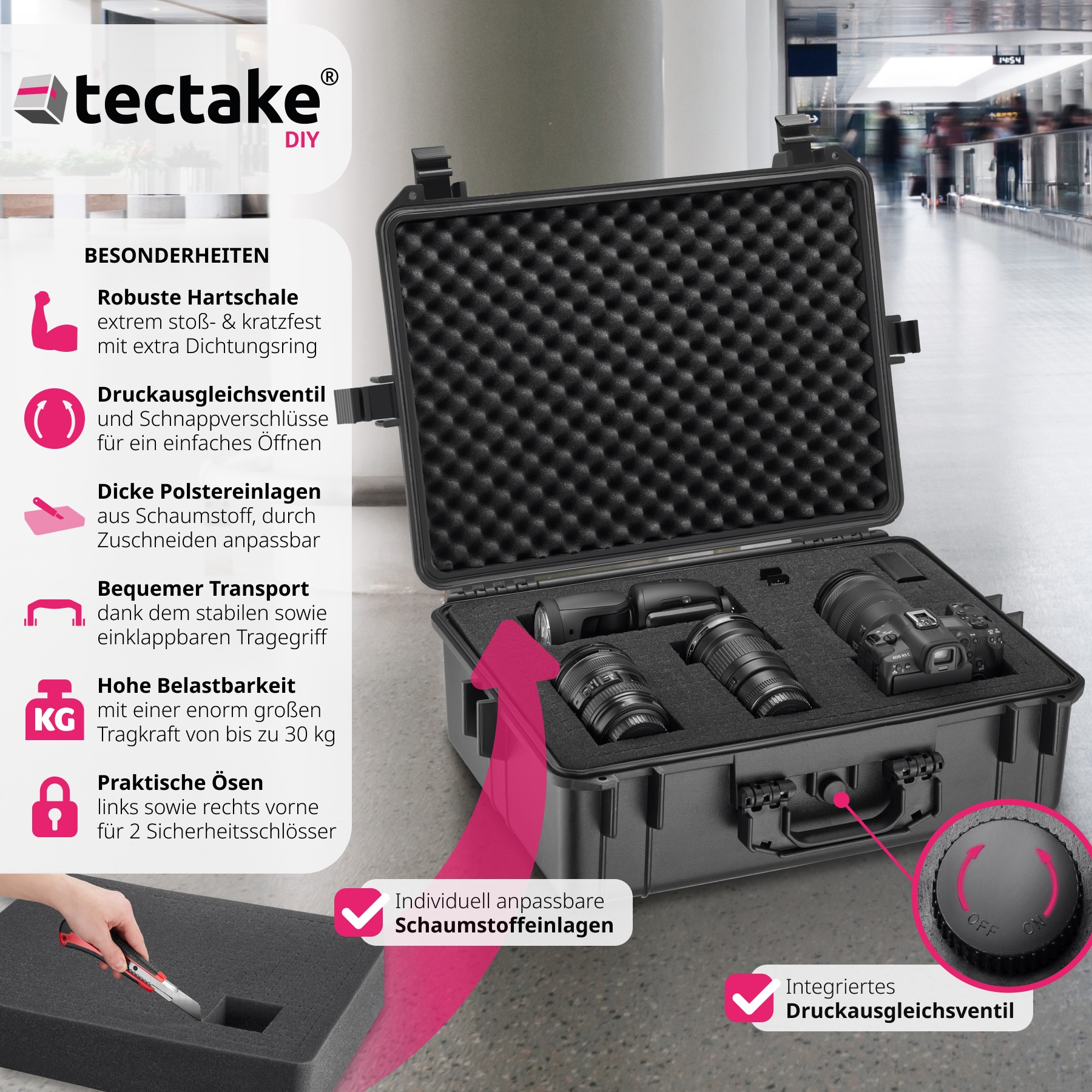 tectake® Fotokoffer, aus robuster Hartschale mit 4 dicken Schaumstoffeinlagen, wasserdicht und temperaturbeständig, 56 x 42 x 21 cm