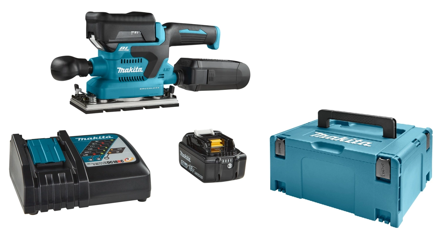 Makita DBO380RTJ 18V Li-ion accu vlakschuurmachine set (2x 5,0Ah) in Mbox - 93x230mm - koolborstelloos