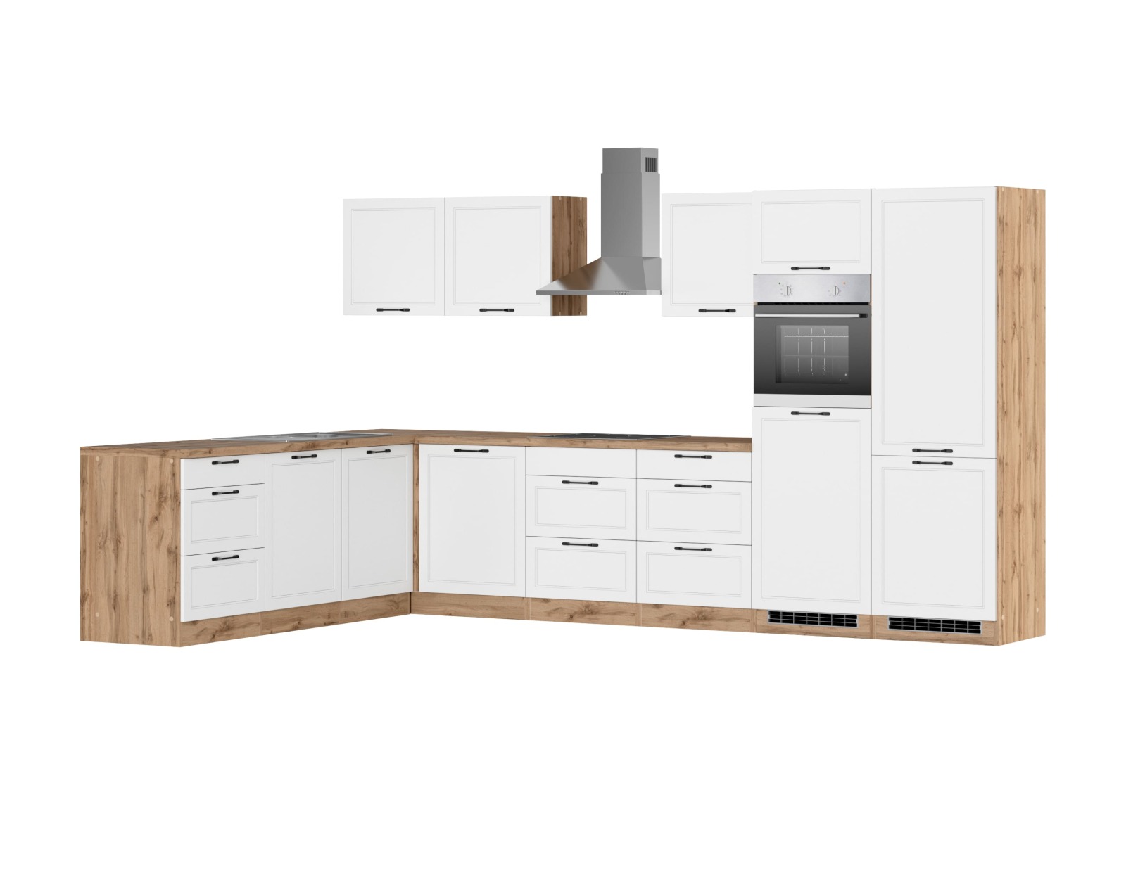 Winkelküche MERAN - weiß - Wotaneiche - mit E-Geräten - Induktionskochfeld - 240x360 cm
