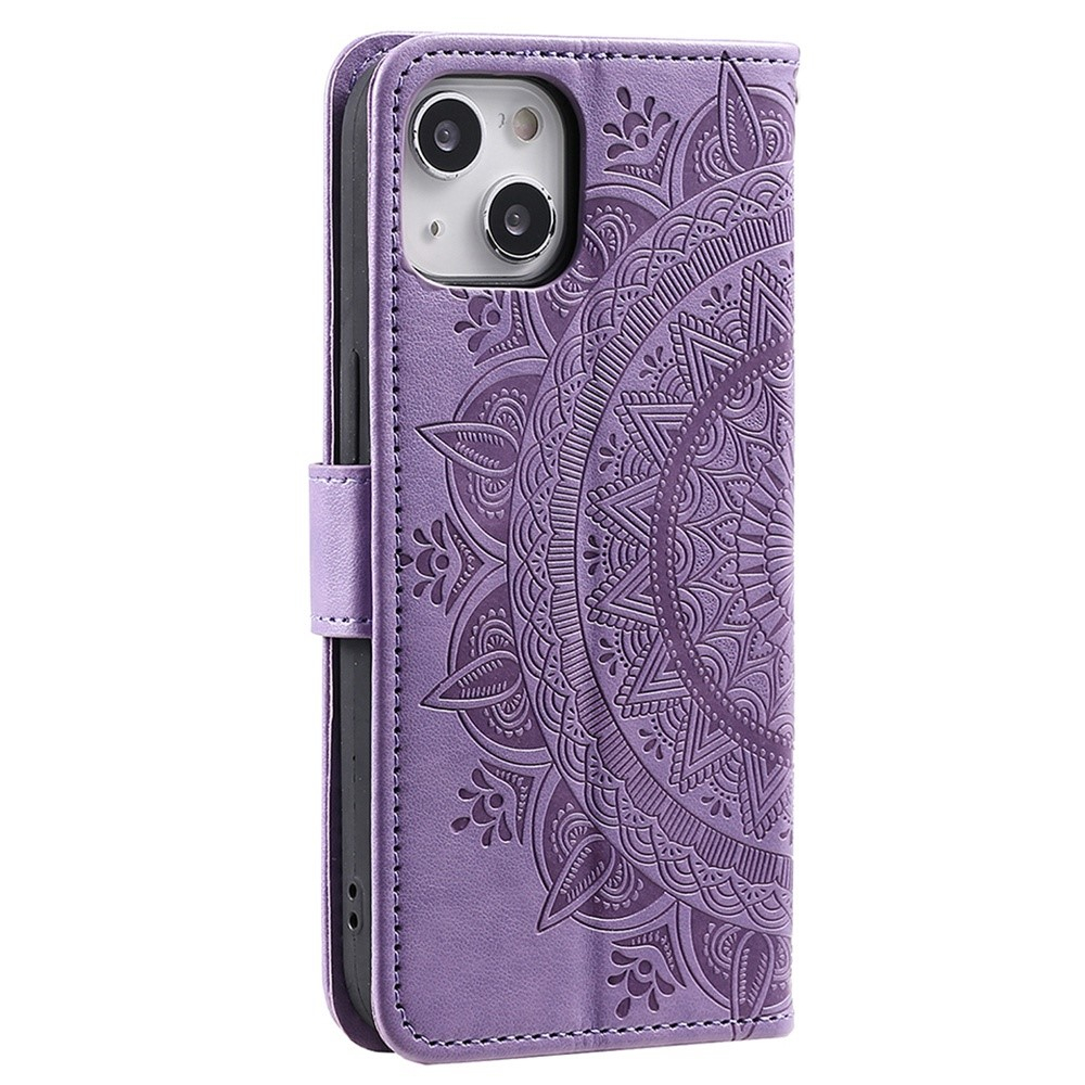 iPhone 15 Leder Tasche Wallet - Mandala Flowers Imprint - Lila