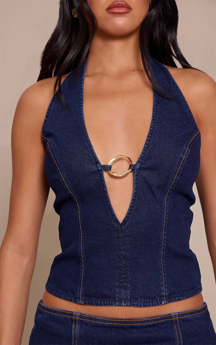 Bleu Indigo Top En Denim À Détail Plongeant Et Finitions Dorées