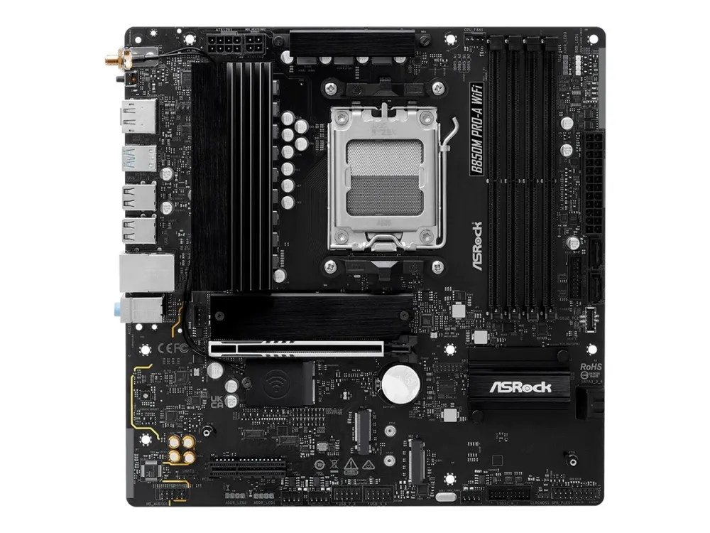ASRock B850M Pro-A WIFI - Bundkort - micro ATX - Socket AM5 - AMD B850 Chipset - USB-C Gen2, USB 3.2 Gen 2, USB 3.2 Gen 1 - Wi-Fi 6E, 2.5 Gigabit LAN, Bluetooth - onboard grafik (CPU påkrævet) - HD Audio (8-kanaler)