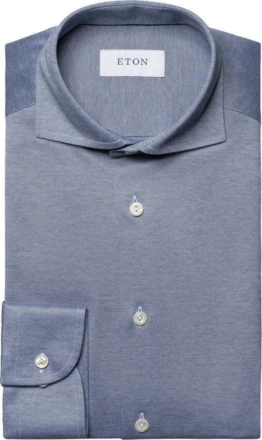 ETON Slim Fit Mid Blue Solid Filo Di Scozia Pique Shirt Blå
