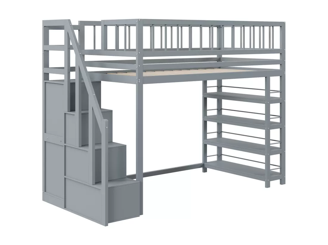 Lit mezzanine 90 x 200 cm - étagères + armoire + espace de rangement - bois massif - gris