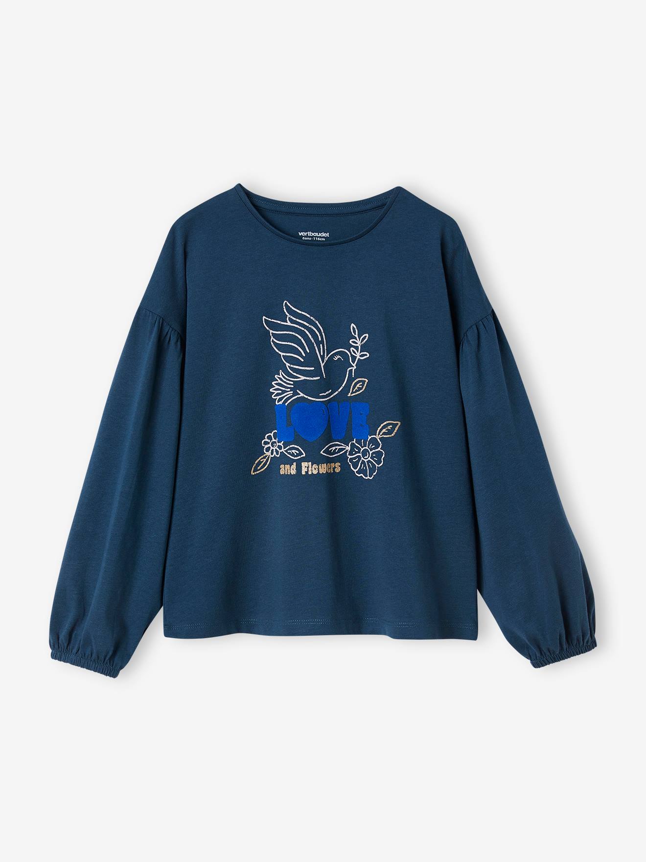 Camiseta azul marinho com detalhes brilhantes e texto em veludo para meninas.