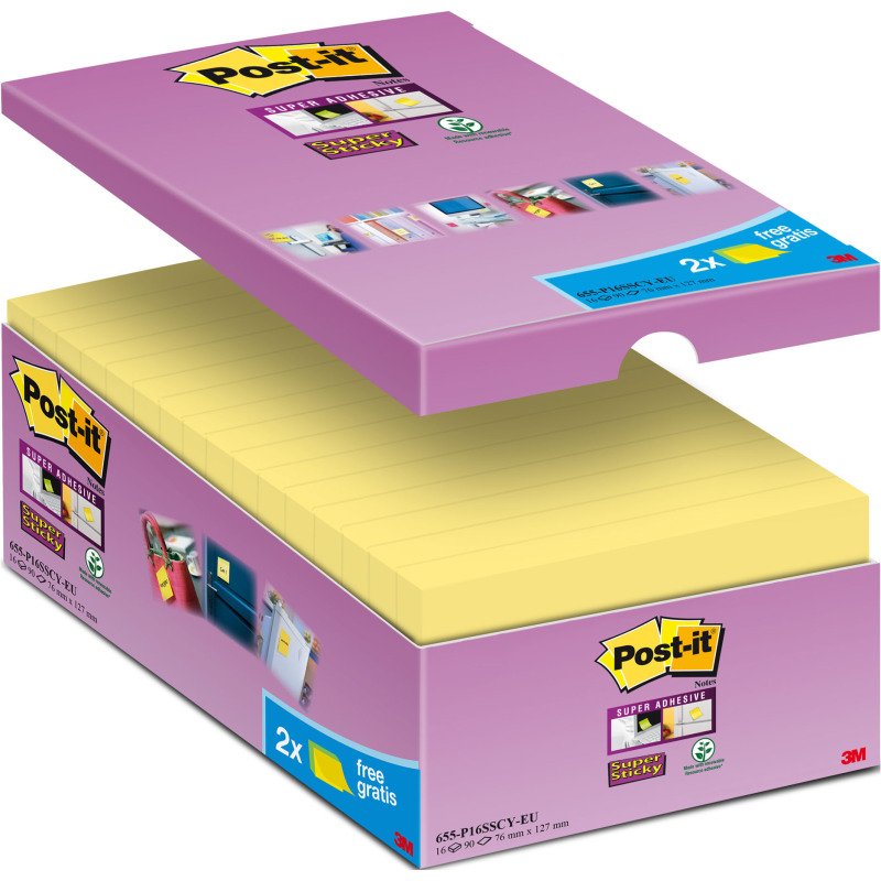 Pack 14 notes repositionnables jaune Super Sticky Post-it 76 x 127 mm - bloc de 90 feuilles + 2 offertes