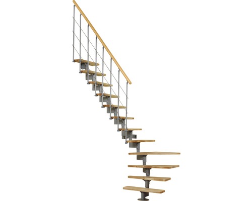 Pertura Kolina middentrap, parelgrijs, kwartslag, links/rechts onder, 76 cm, balustrade van gelamineerd beukenhout, gelakt, 12 treden / 13 stootborden