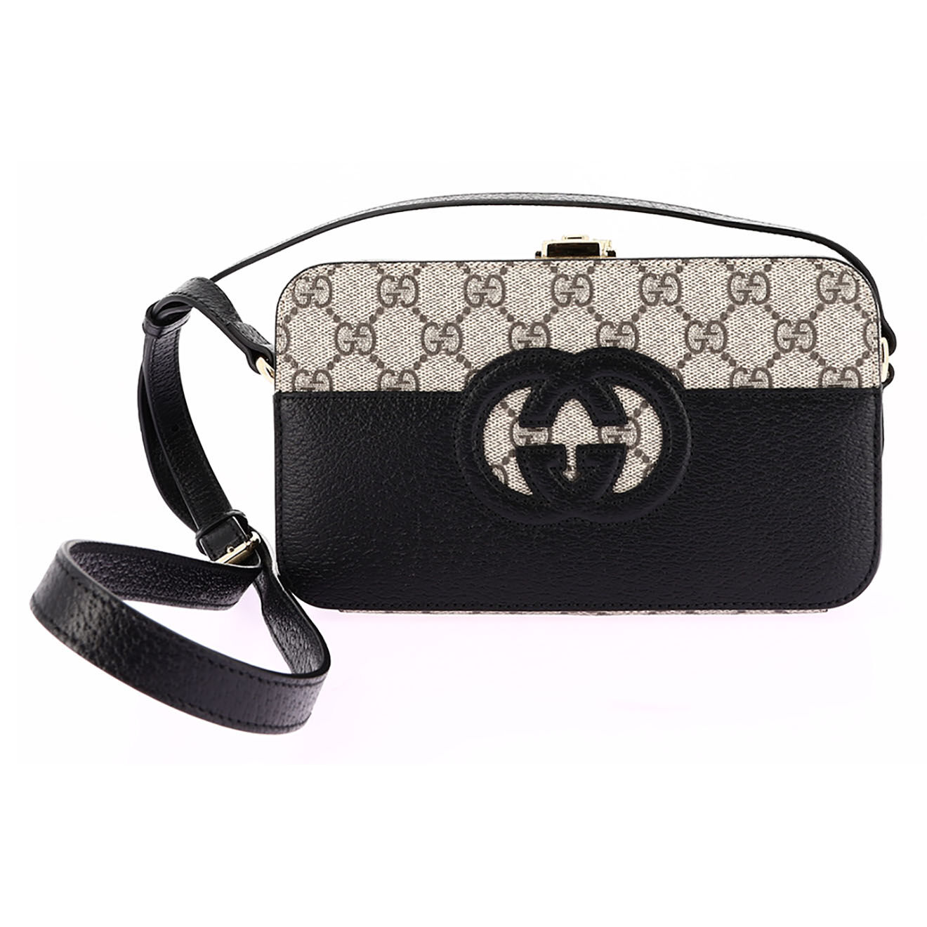Gucci Sac bandoulière Interlocking en Toile enduite Monogramme & Cuir beige/noir - Neuf sans étiquette - L.20 cm