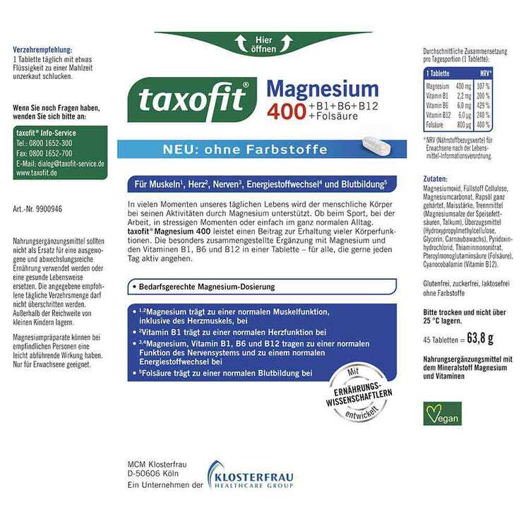 Taxofit Magnesium 400 + B1 + B6 + B12 + Folsäure Tabletten, 45 St