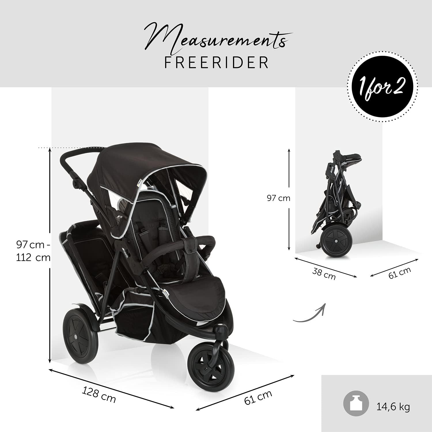 hauck Poussette Double Freerider à 3 Roues - Tandem 2 Enfants - Hauteur Réglable, Pliable, Habillage Pluie Inclus, Siège Bas Amovible - Noir