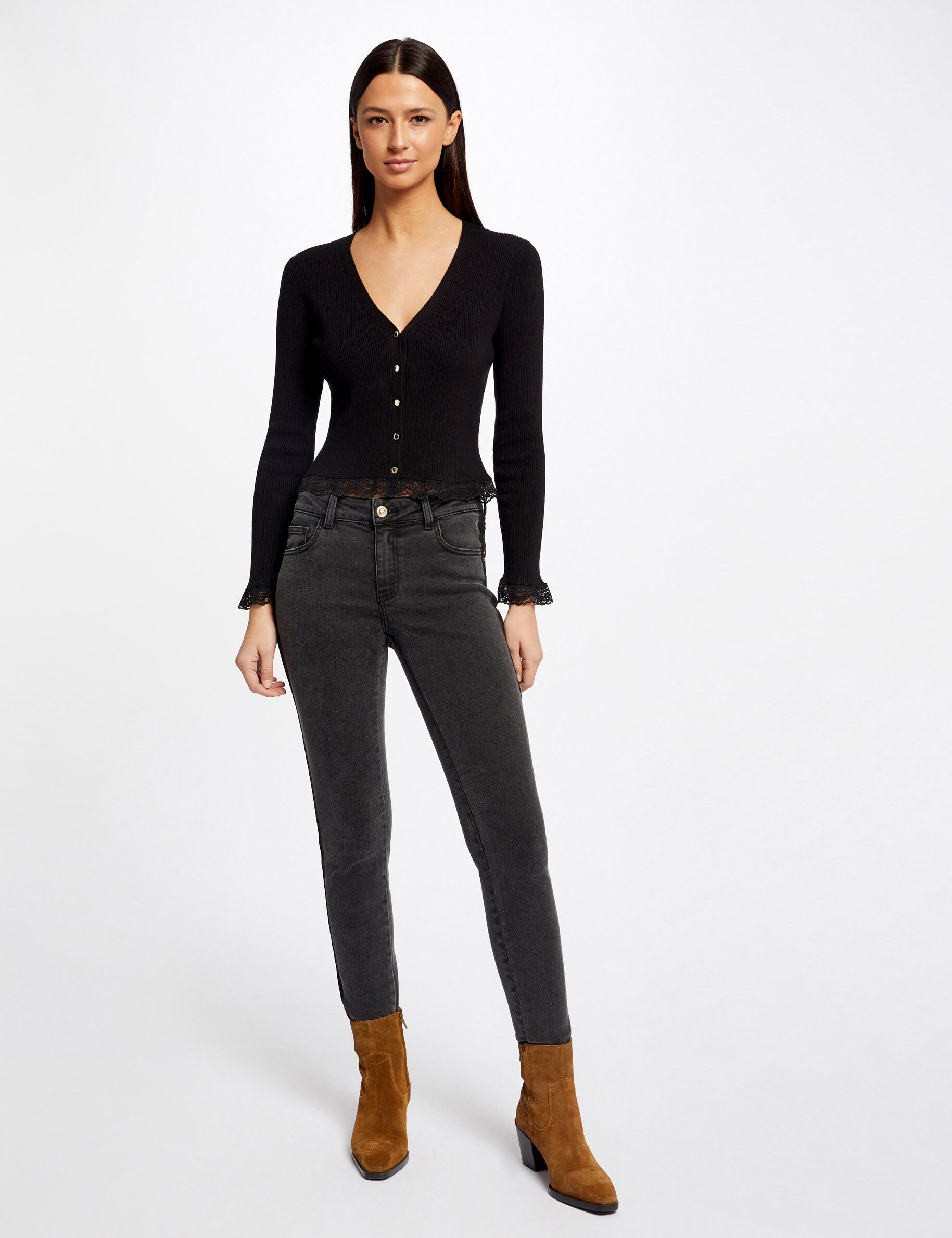Gilet manches longues avec dentelle noir femme - noir