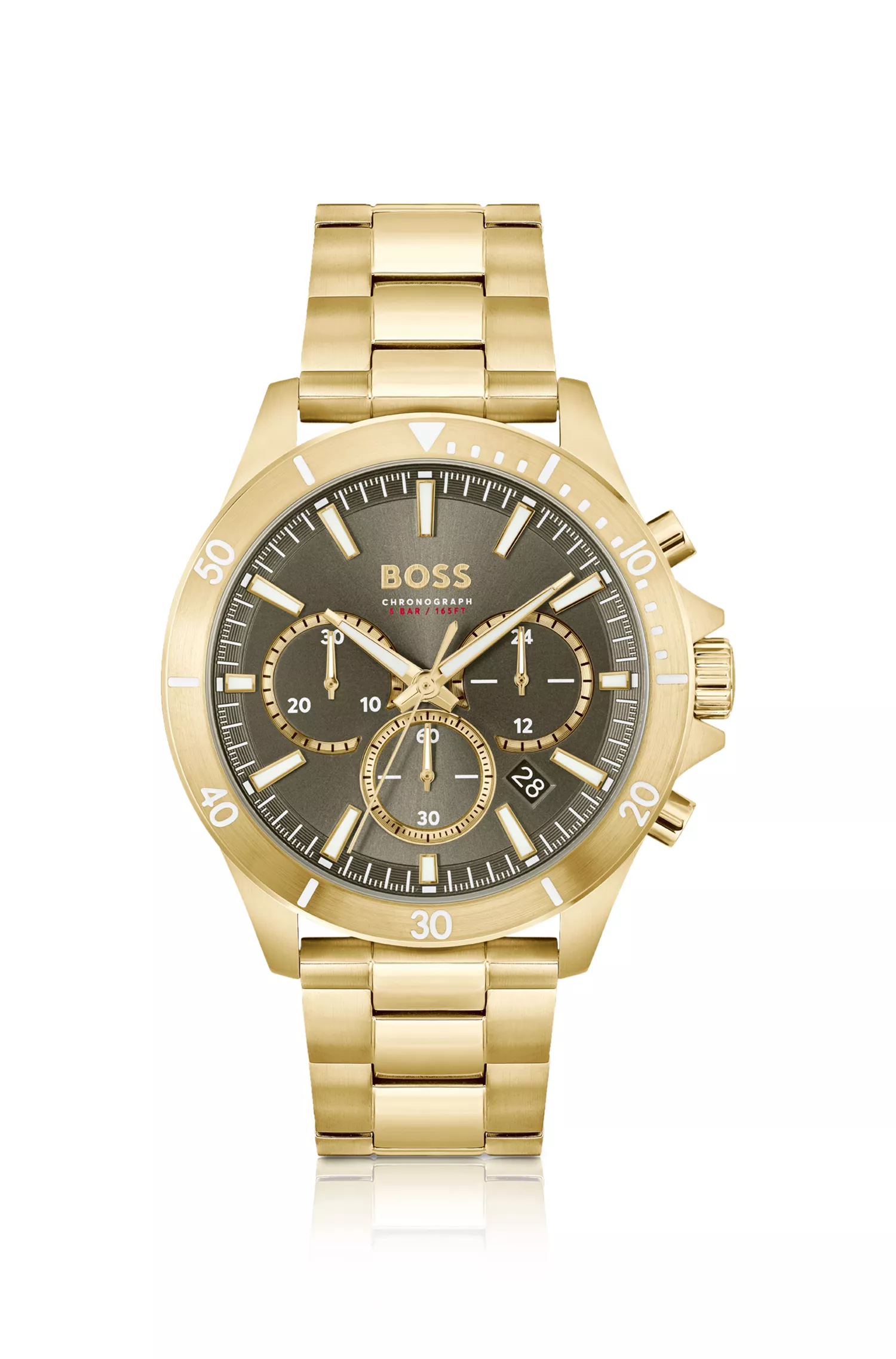 Relógio cronógrafo BOSS preto e dourado com pulseira de elos.