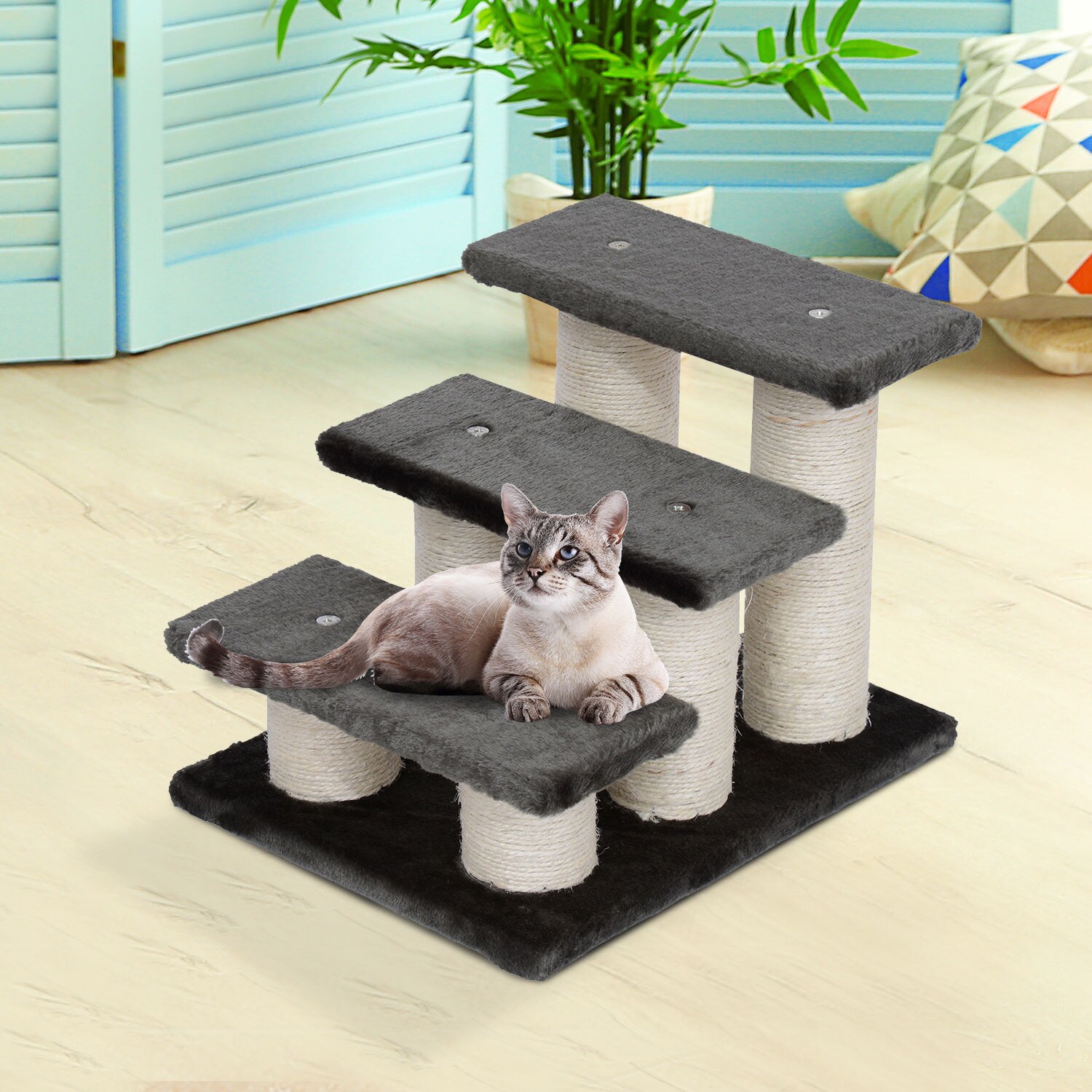 PawHut Katzentreppe mit 3 Stufen grau 45 x 35 x 34 cm (LxBxH)