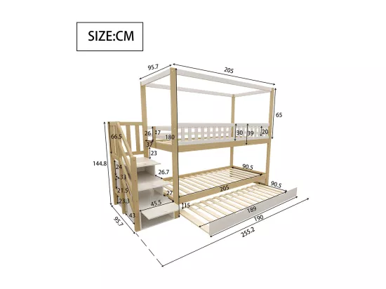 Lit superposé pour enfants 90*200 cm, garde-corps de sécurité, lit escamotable, blanc et bois massif