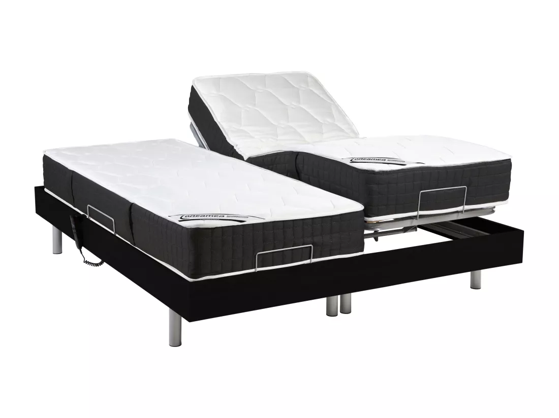 Lit électrique de relaxation tout plots + matelas ressorts ensachés et mémoire forme - 2 x 70 x 190 cm - Noir - PHANES de YSMÉE