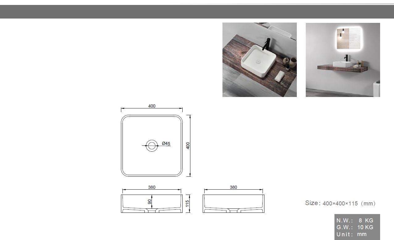 Saniclear Volcan solid surface waskom 40x40cm mat wit