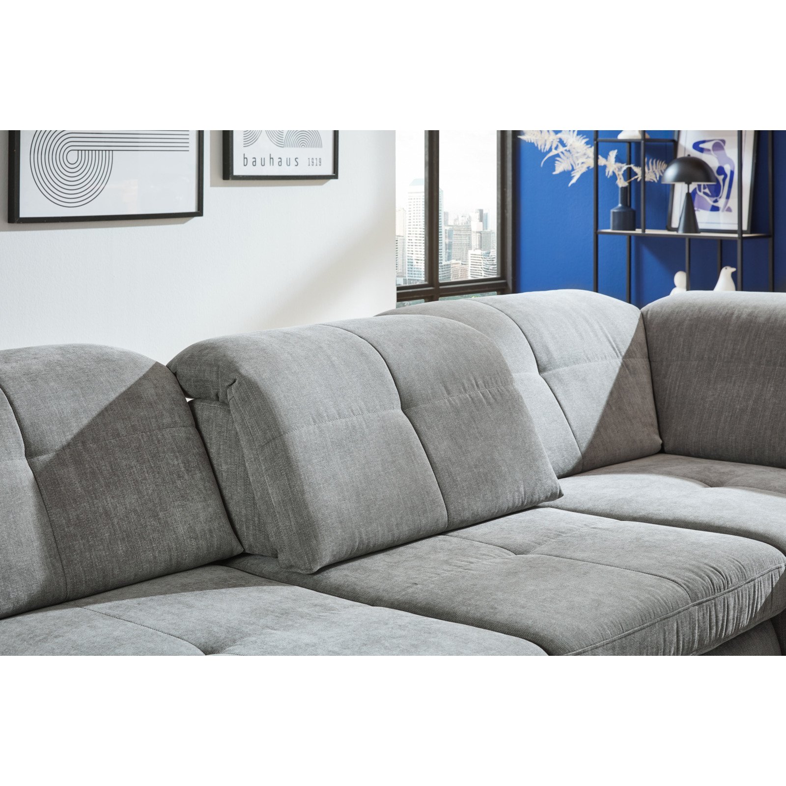 Ecksofa Paderborn Stoff grau, Ottomane rechts