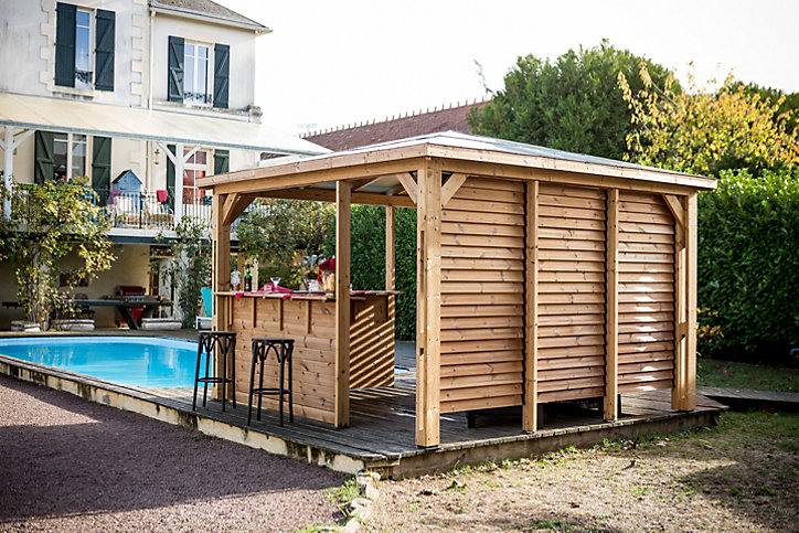 Pool house manuel bois Habrita THB3535.CCVV 3,79 x 3,79 m avec 2 parois vantelle et 2 parois comptoir
