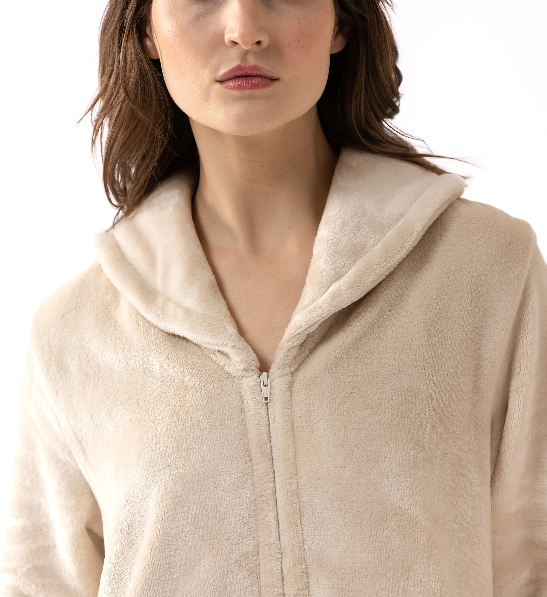 ESSENTIEL H56B - Robe de chambre zipée en peluche flanelle | Beige