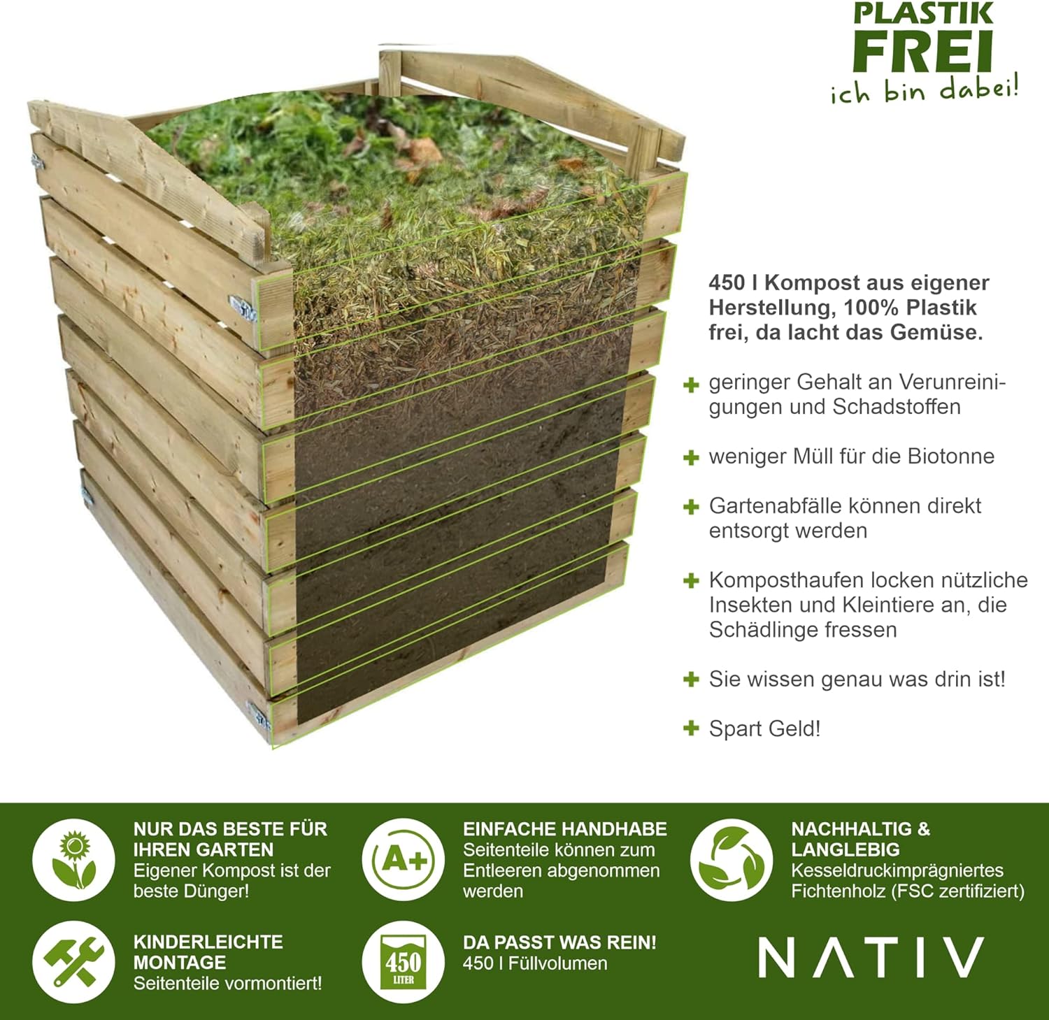 NATIV Garten Komposter aus Holz - Holzkomposter für schnelles Kompostieren - 450L Fassungsvermögen - 76x75x91cm