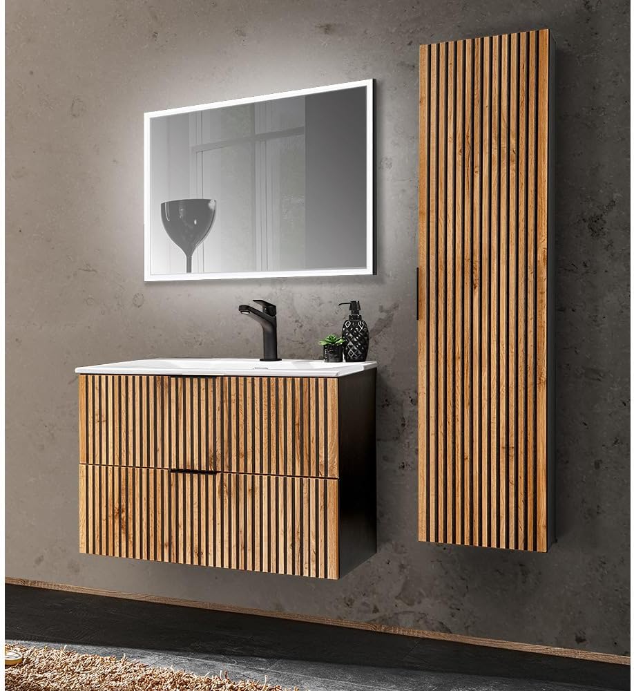 Lomadox Badezimmer Set 3-teilig Waschtisch Unterschrank 80 cm Keramik Waschbecken Spiegel LED Hochschrank anthrazit Wotan Eiche Nb. schwarz Rillen MDF Fronten