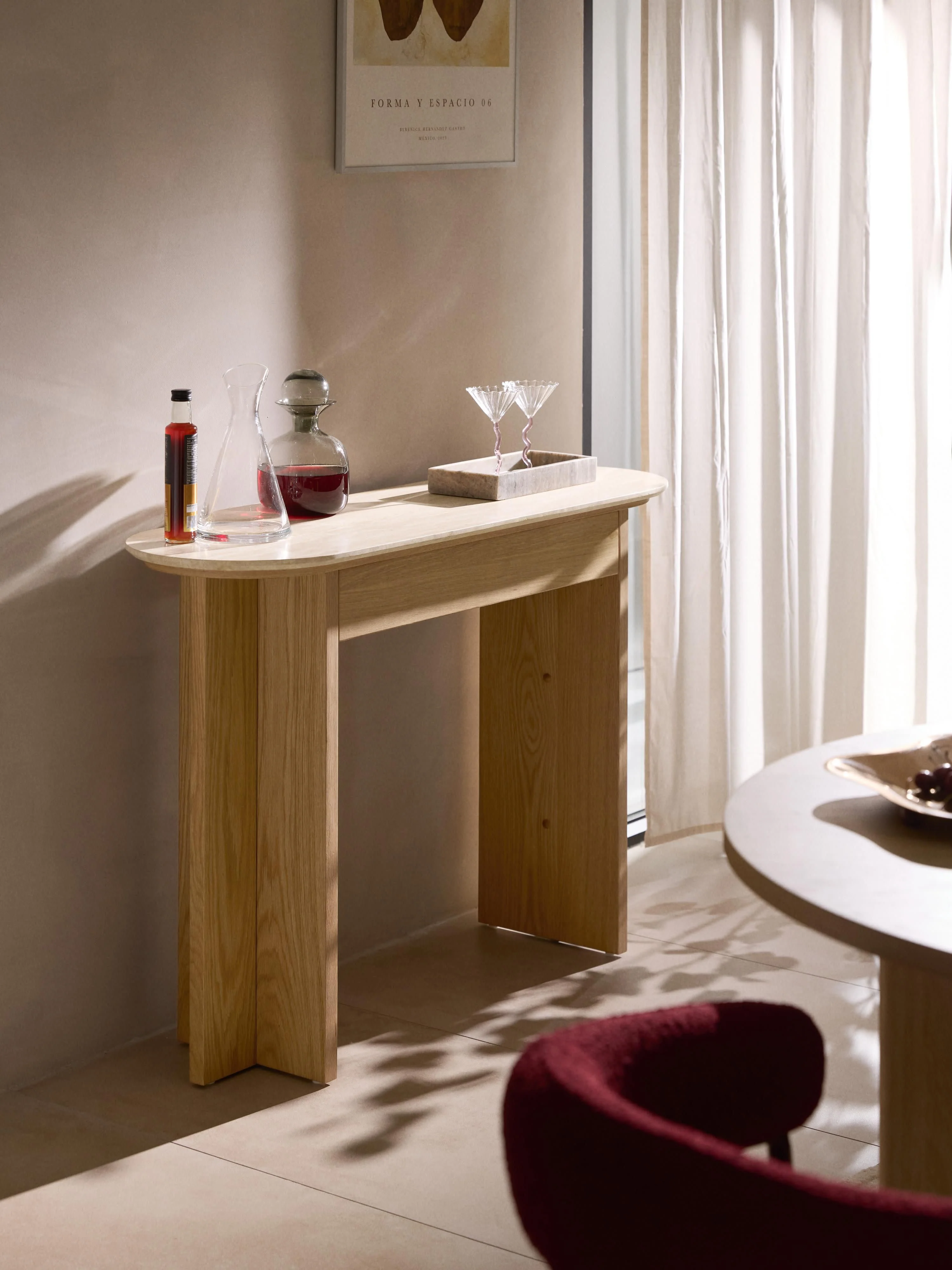 Houten console Zumi met travertin blad en lade