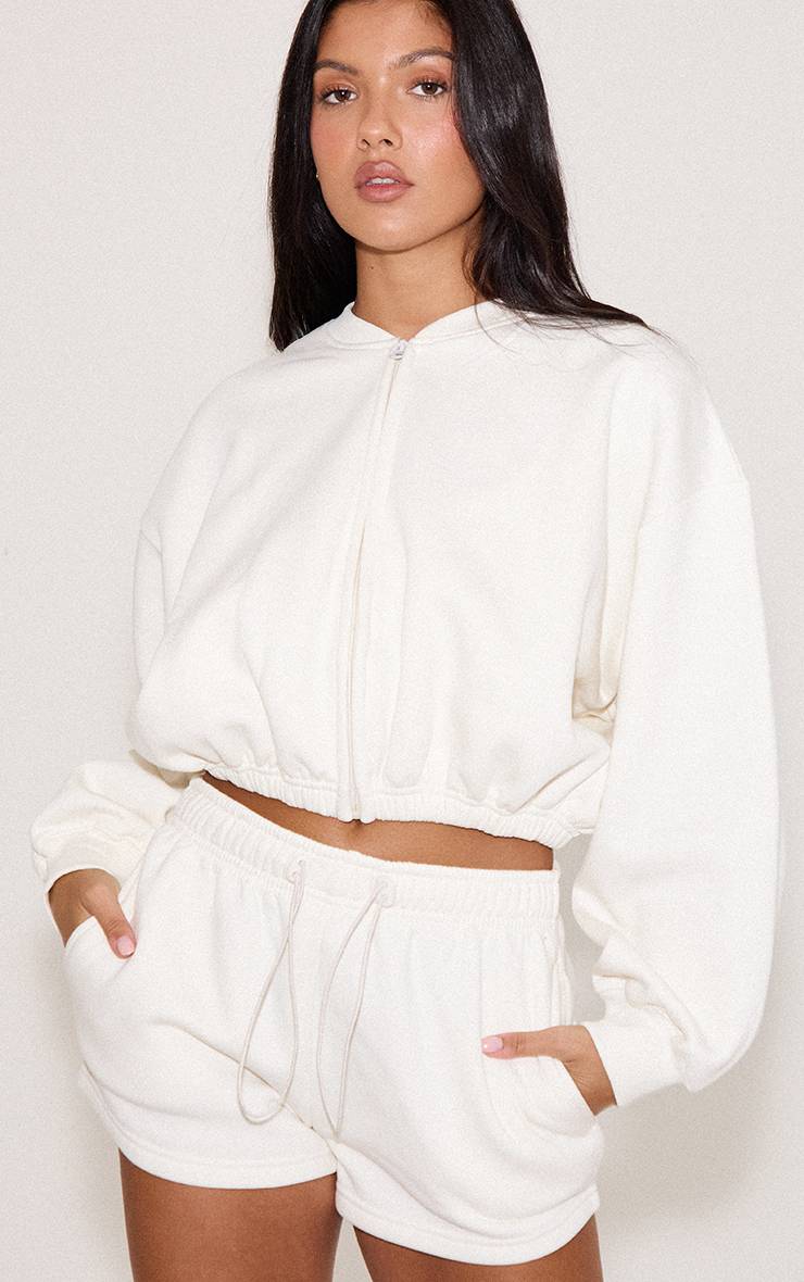 Blanc Cassé Sweat-shirt Court Zippé Avec Cordon De Serrage À La Taille