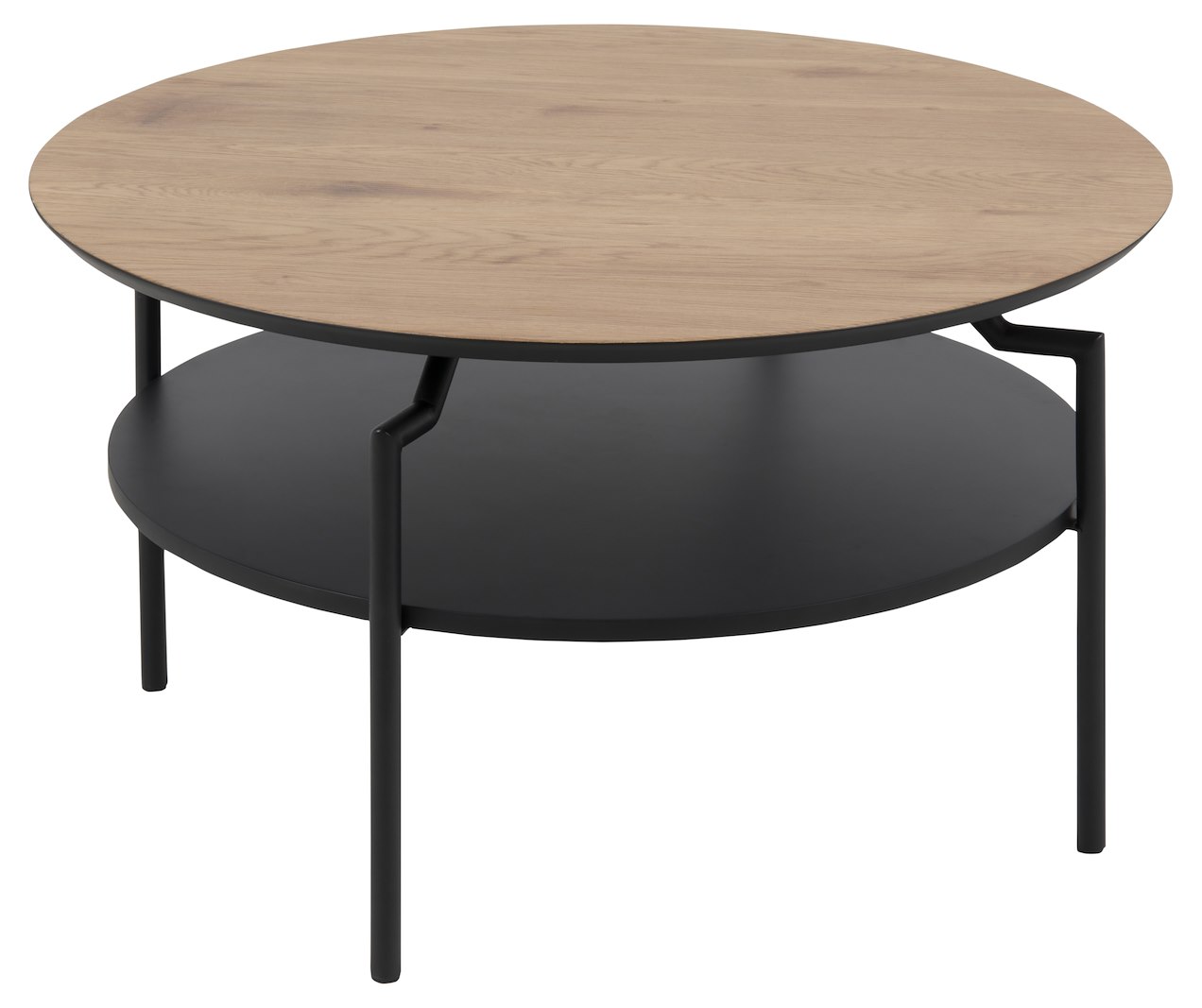 Goldington sofabord Ø80 cm. Vill eik foliert med hylle i sort MDF og sortlakkert stålunderstell.