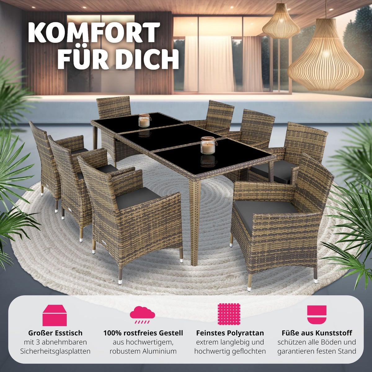 Rotan zitgroep tectake Menorca met aluminium frame, 2 sets hoezen, inclusief beschermhoes
