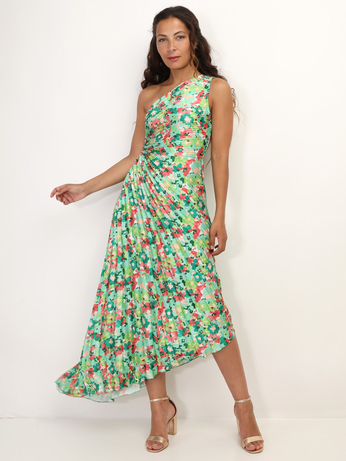 Robe plissée et asymétrique à fleurs- Vert